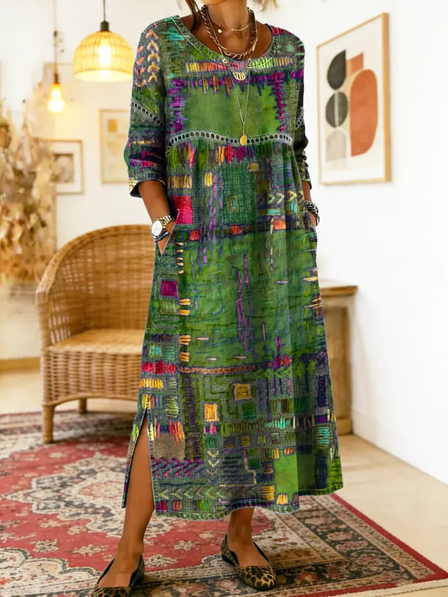Robe longue patchwork ethnique multicolore, tons verts et magenta