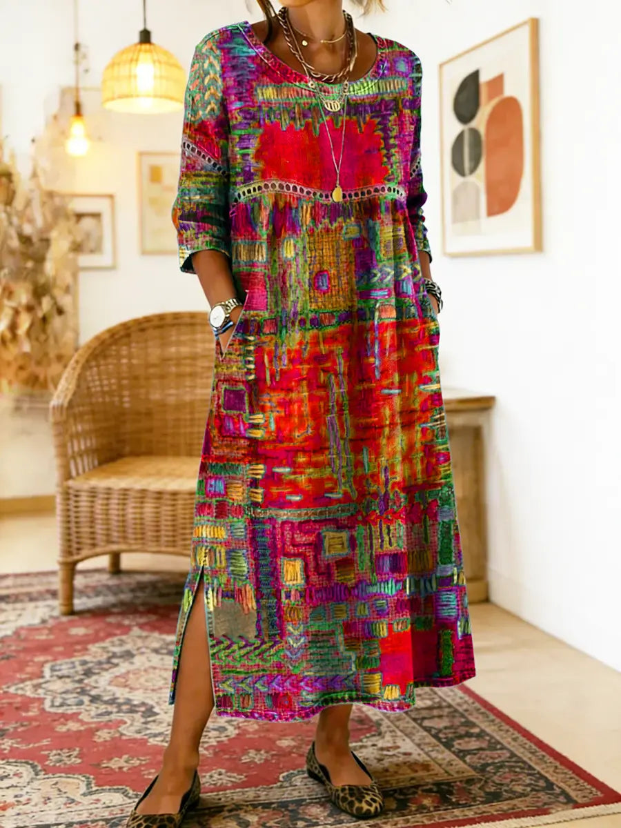 Robe longue patchwork en jean multicolore, imprimé ethnique, manches 3/4, fente.