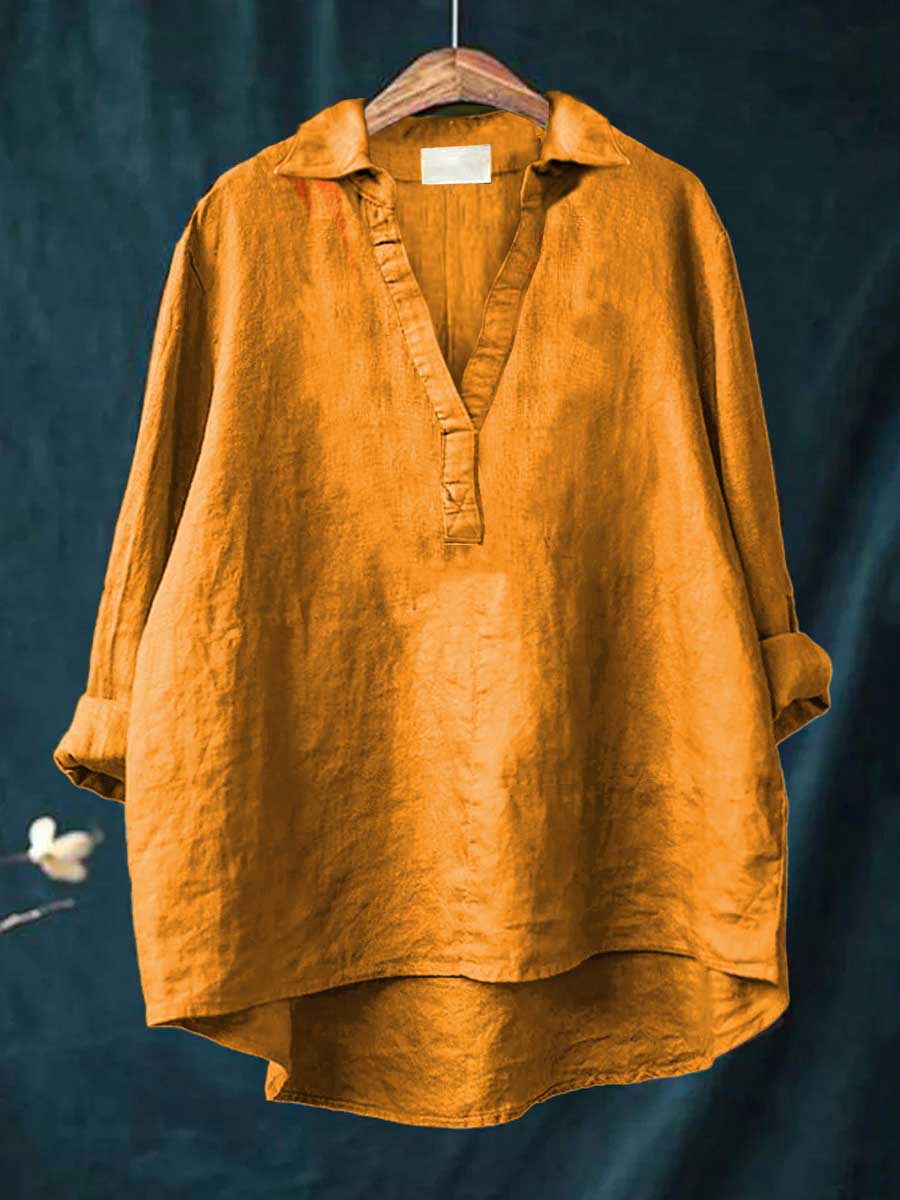 Chemisier en lin orange à encolure V, patte boutonnée, manches amples