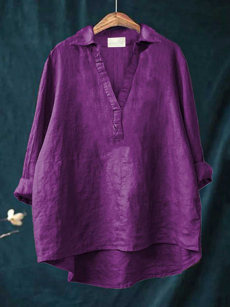 Chemisier en lin violet à encolure V, patte boutonnée, manches amples