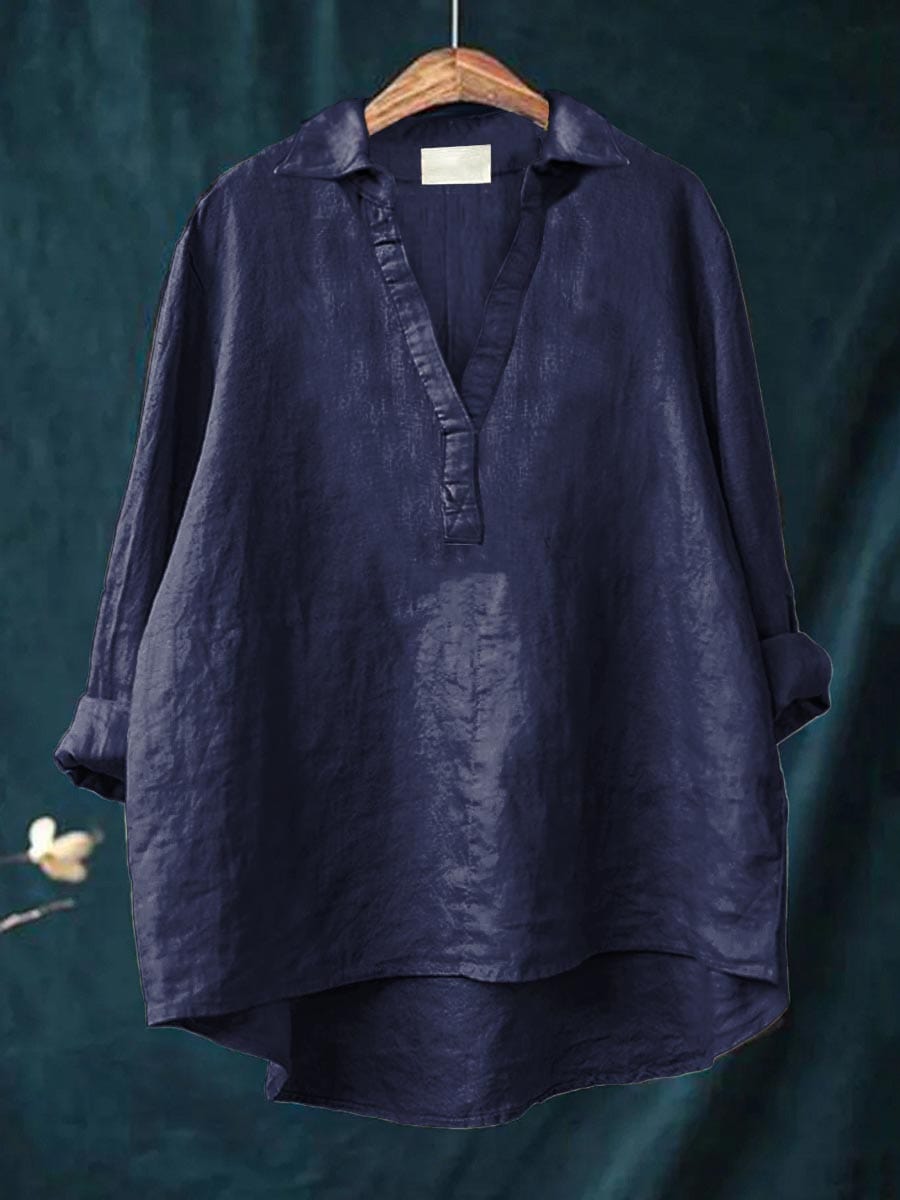 Chemisier en lin bleu marine à encolure V, patte boutonnée, manches amples