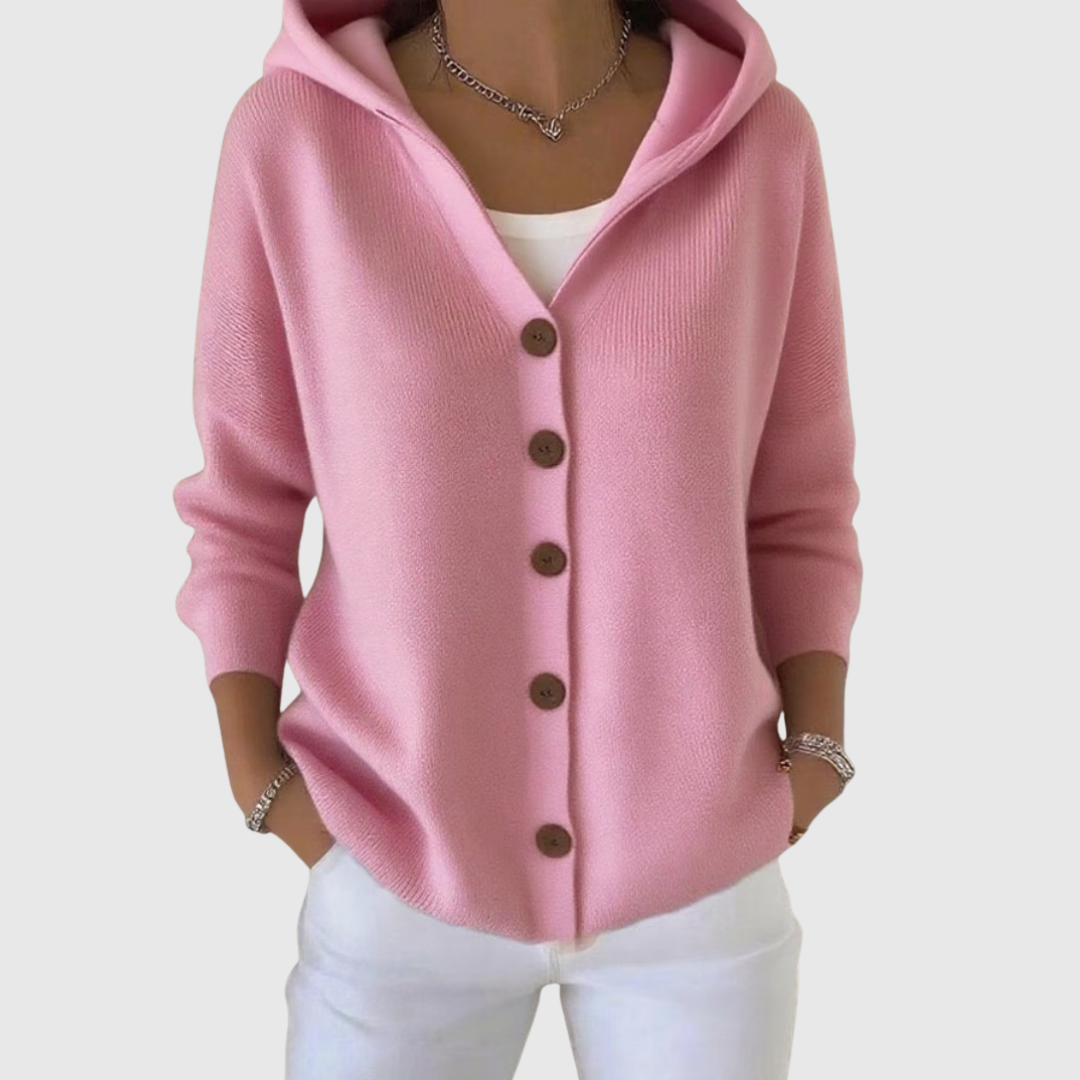 Cardigan à capuche rose à boutons, manches longues, maille douce.