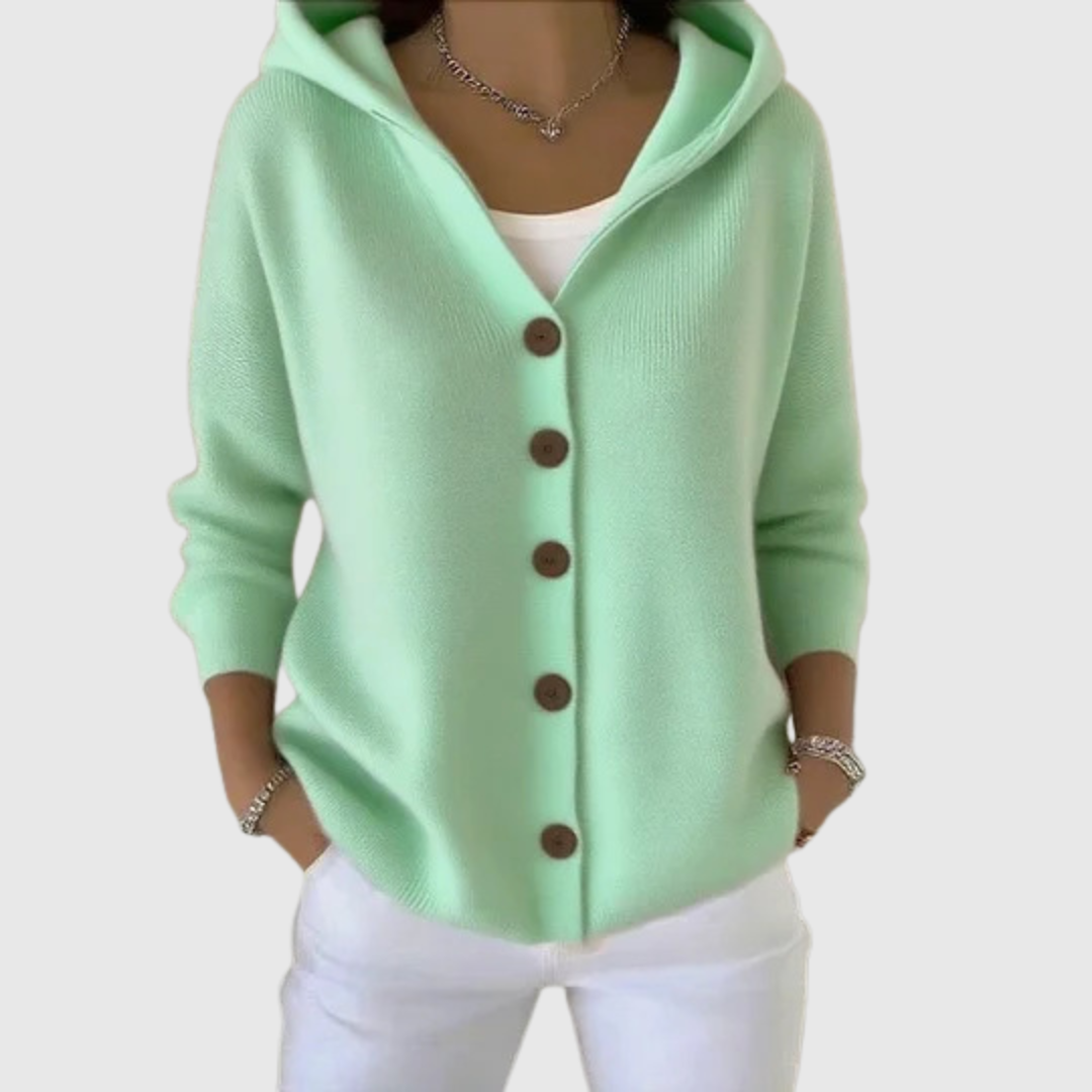 Cardigan à capuche vert clair à boutons, manches longues, maille douce.