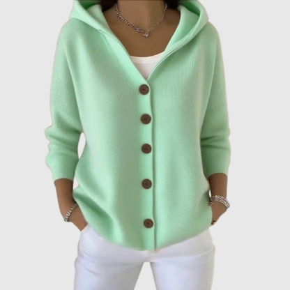 Cardigan à capuche vert clair à boutons, manches longues, maille douce.