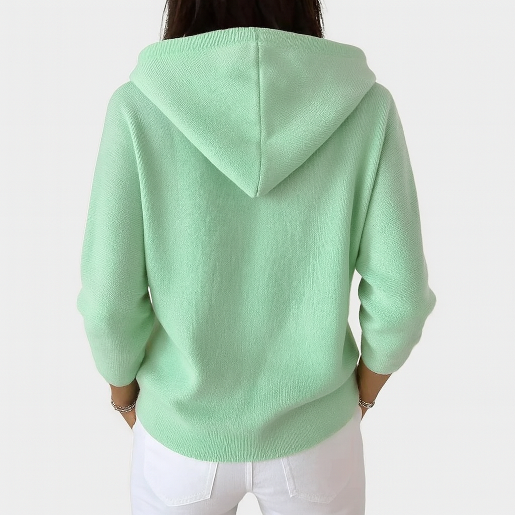 Cardigan à capuche vert menthe boutonné, capuche au dos, manches longues