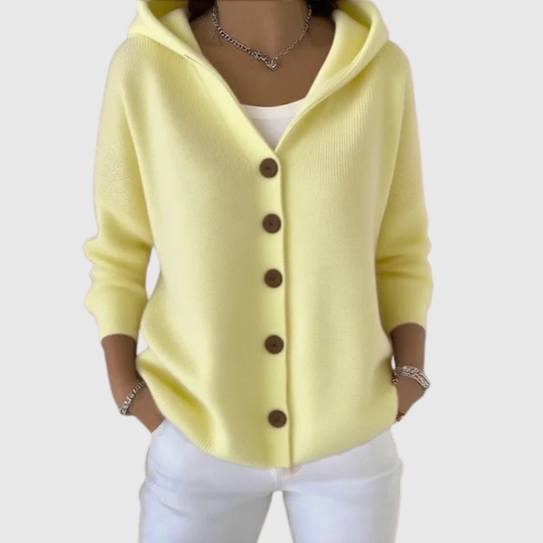 Cardigan à capuche jaune à boutons, manches longues, maille douce.