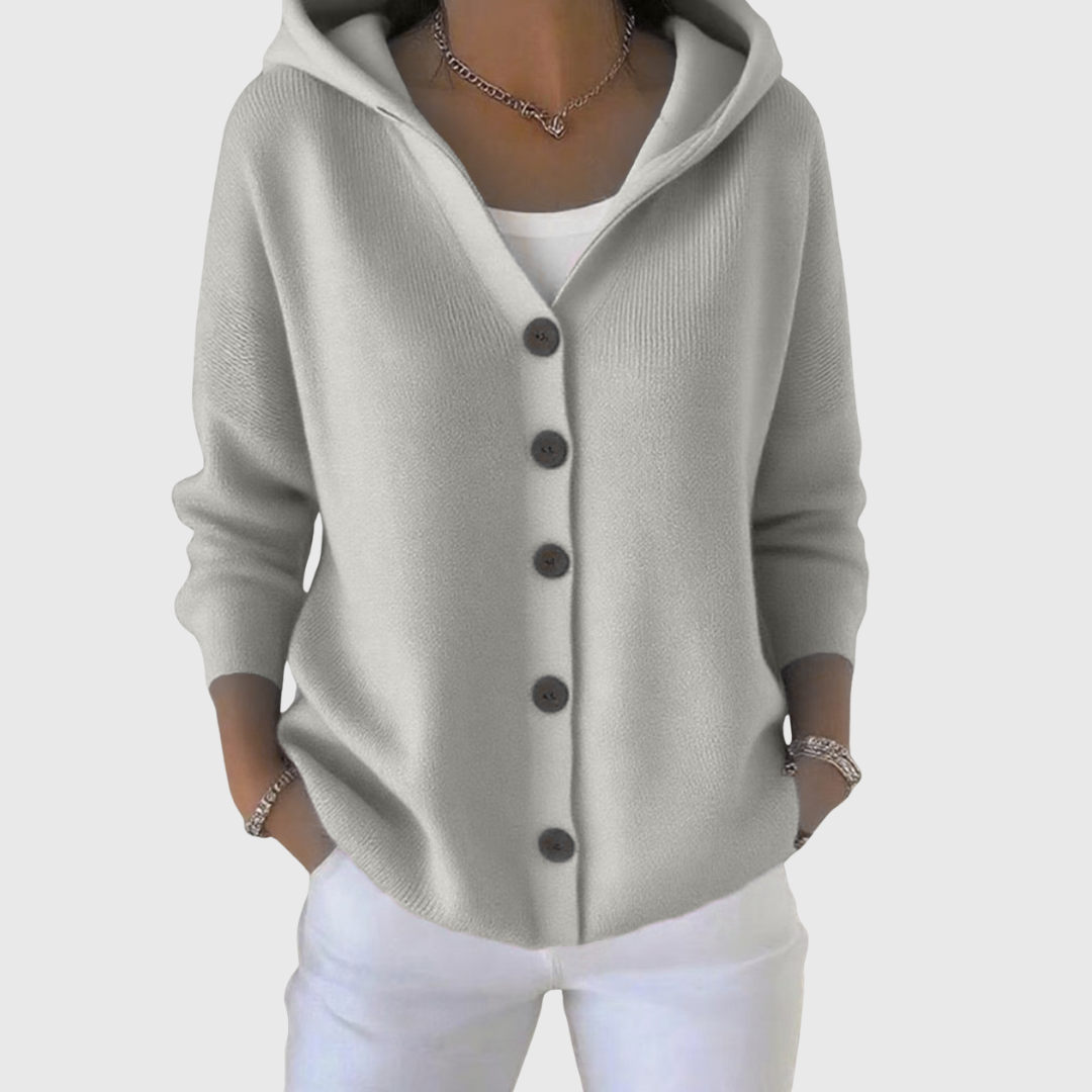 Cardigan à capuche gris clair à boutons, manches longues, maille douce.