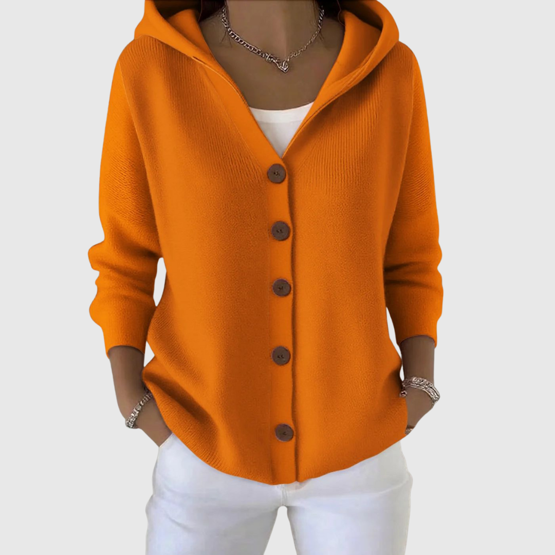 Cardigan à capuche orange à boutons, manches longues, maille douce.