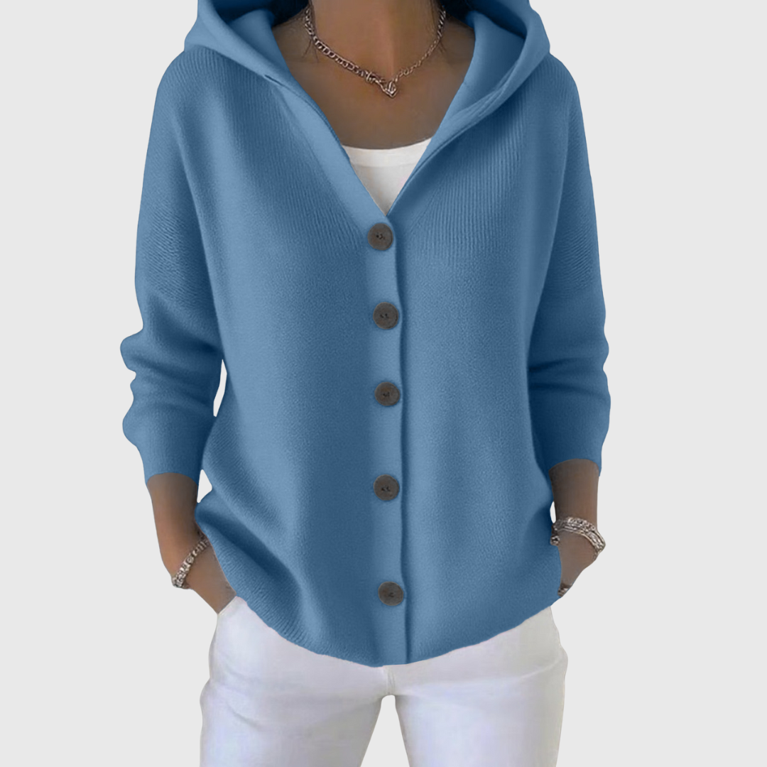 Cardigan à capuche bleu à boutons, manches longues, maille douce.
