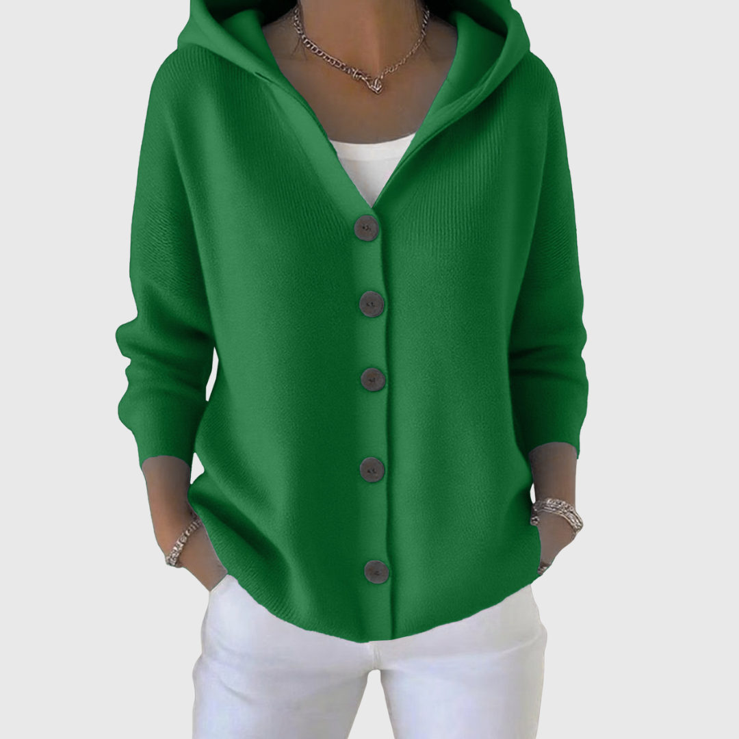 Cardigan à capuche vert à boutons, manches longues, maille douce.