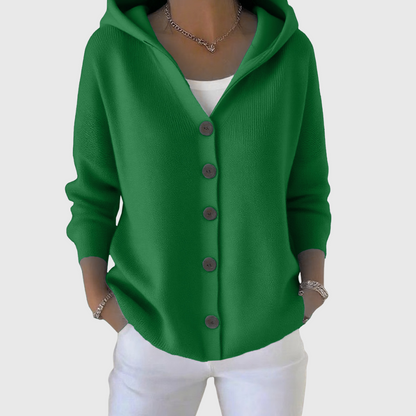Cardigan à capuche vert à boutons, manches longues, maille douce.