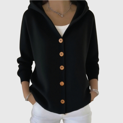 Cardigan à capuche noir à boutons, manches longues, maille douce.