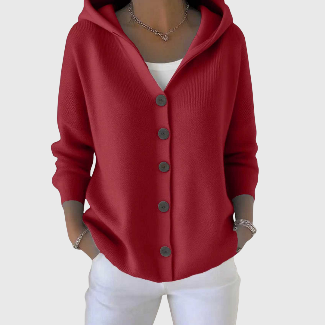 Cardigan à capuche rouge boutonné, manches longues, col en V