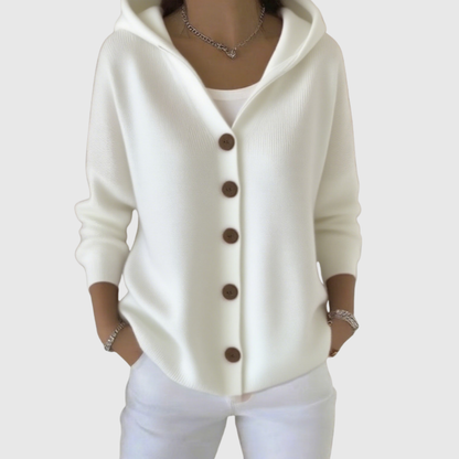 Cardigan à capuche blanc cassé boutonné, manches longues, col en V