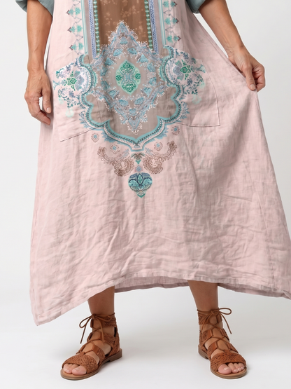 Kenza | Robe Midi Décontractée avec Panneaux Brodés et Poches