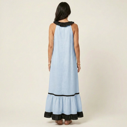 Mayline | Robe Maxi Sans Manches avec Col Volant et Détails Contrastés
