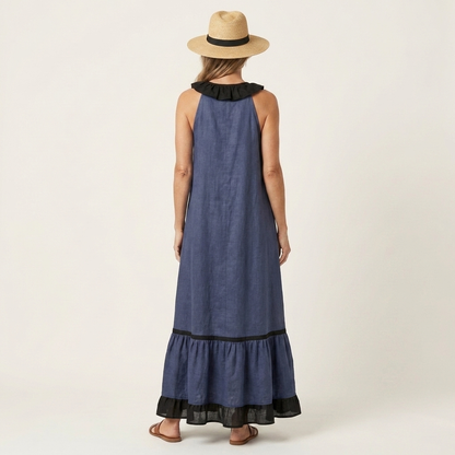 Mayline | Robe Maxi Sans Manches avec Col Volant et Détails Contrastés