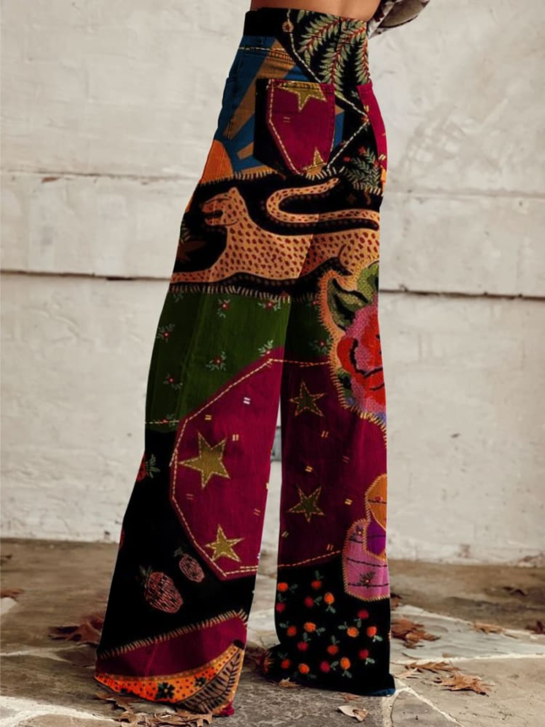 Pantalon bohème à jambes larges en patchwork multicolore, taille haute