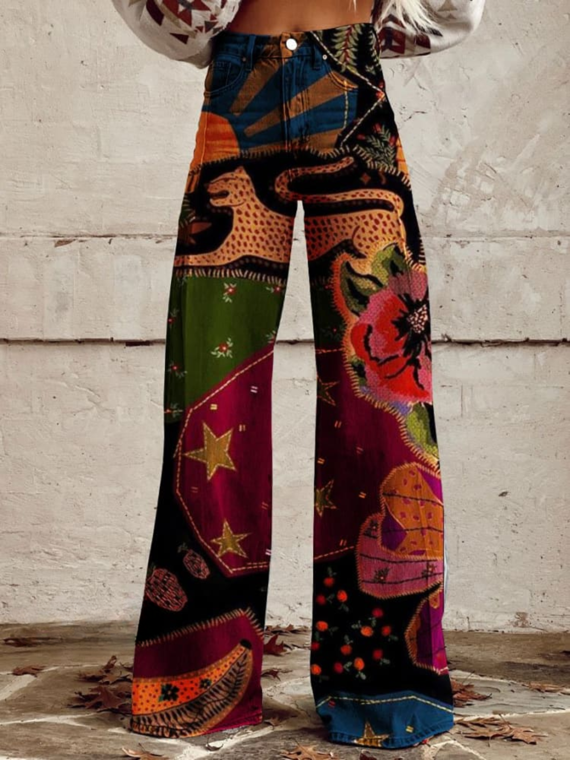 Pantalon bohème à jambes larges, patchwork multicolore avec motifs variés, taille haute