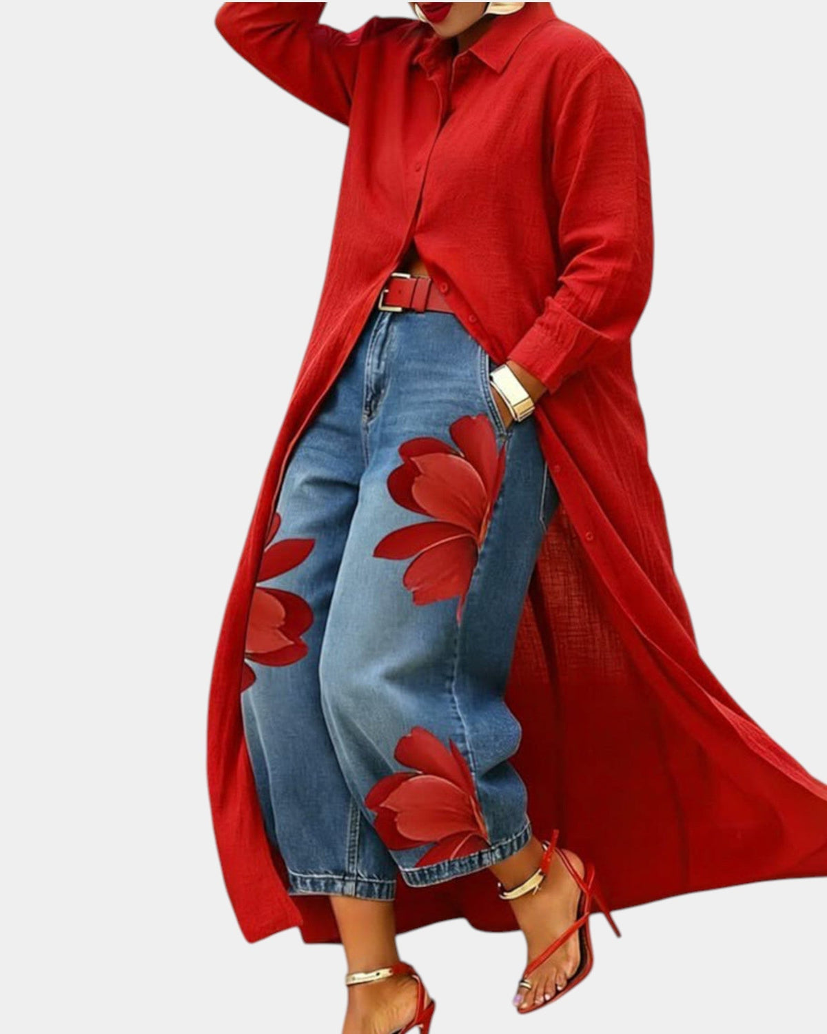 Ensemble robe longue et pantalon jean rouge, imprimé floral sur jean bleu