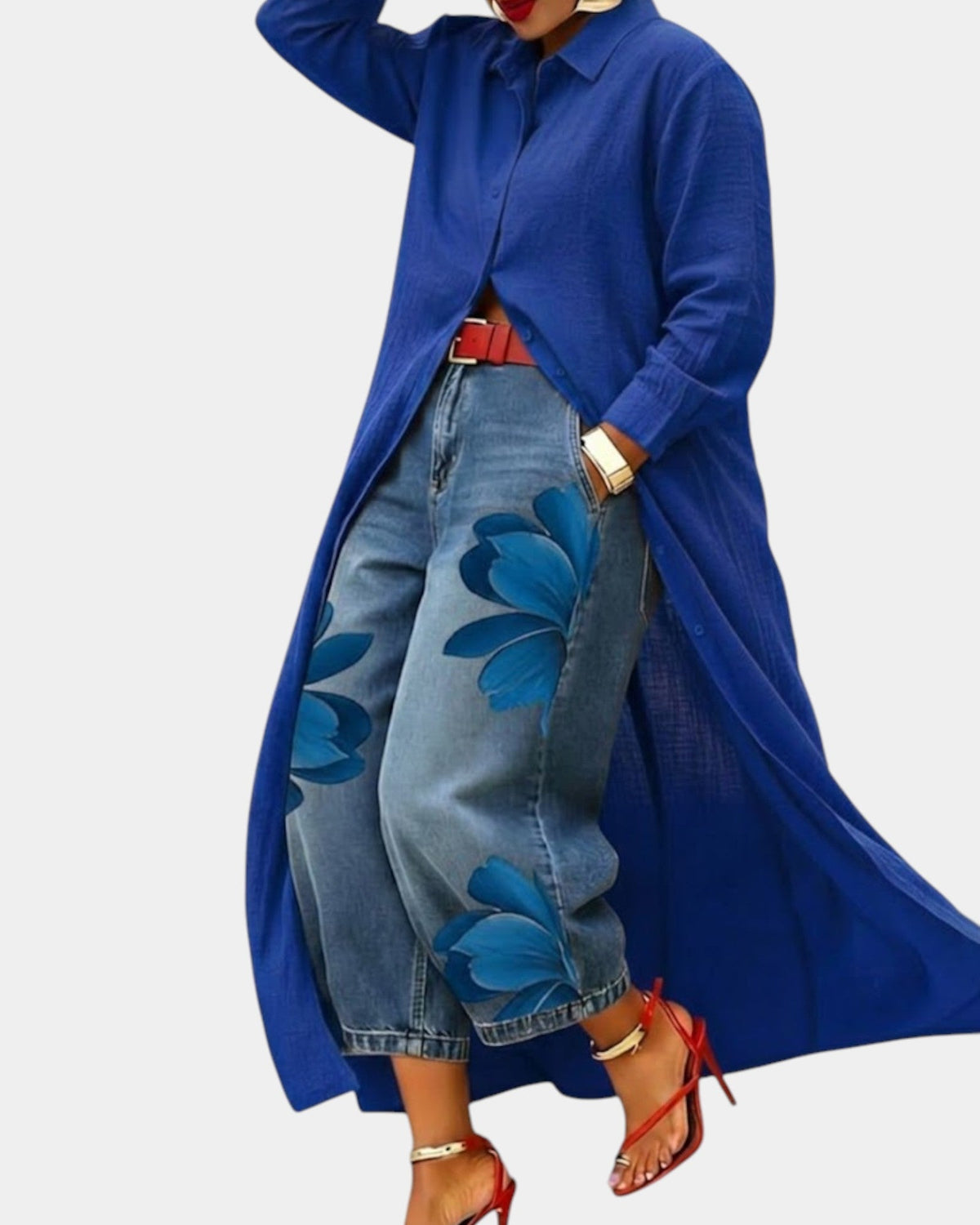 Ensemble robe longue et pantalon jean bleu, imprimé floral sur jean bleu clair