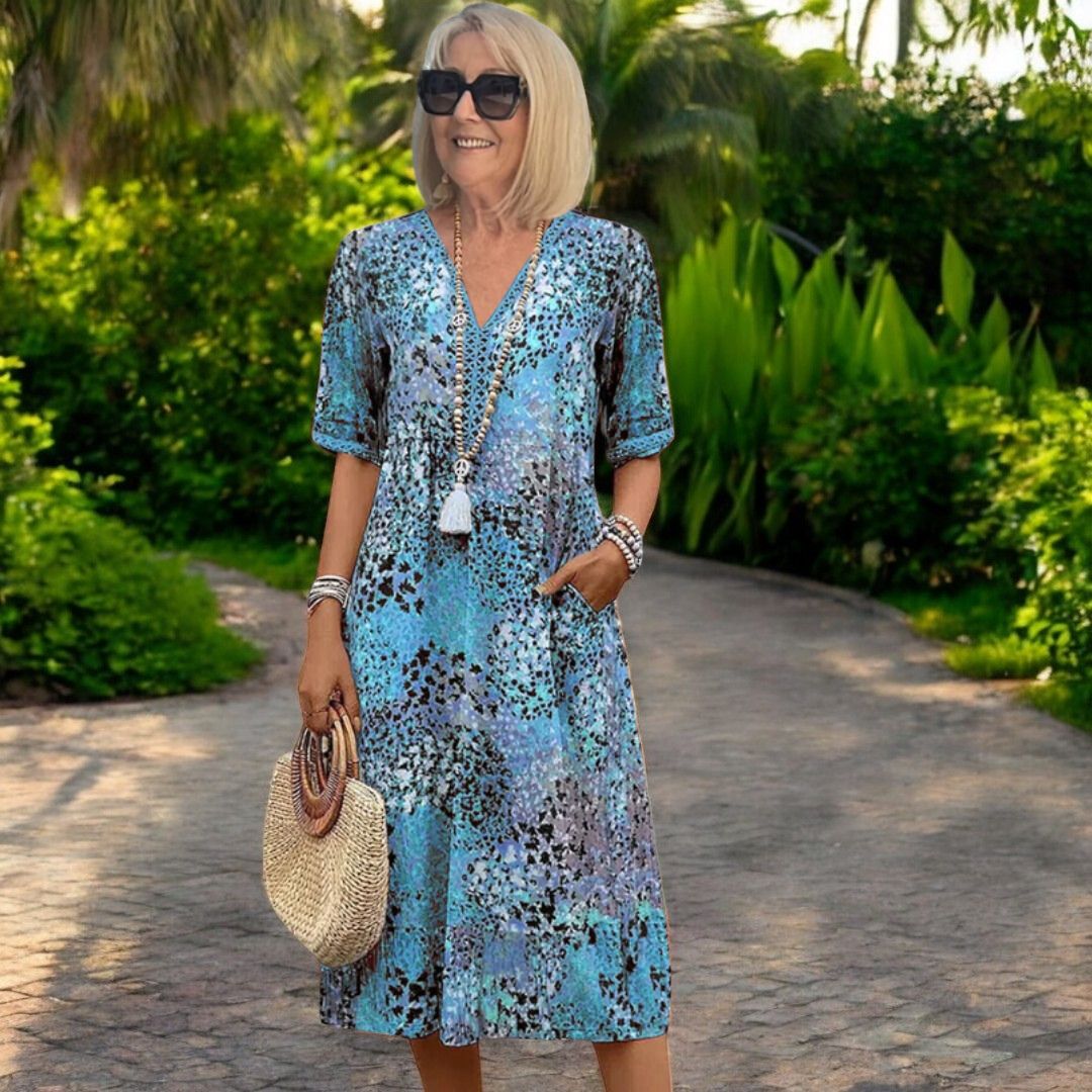 Robe fluide légère à encolure V, manches courtes, motif abstrait bleu et turquoise