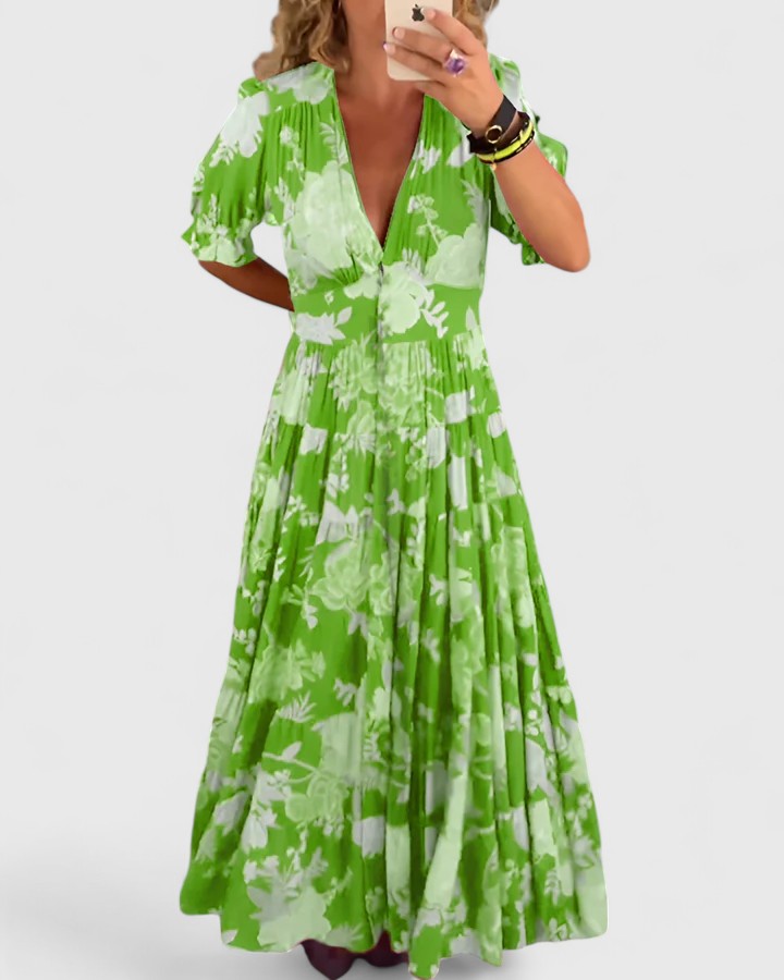 Robe longue verte à fleurs, col V, manches courtes évasées, jupe plissée