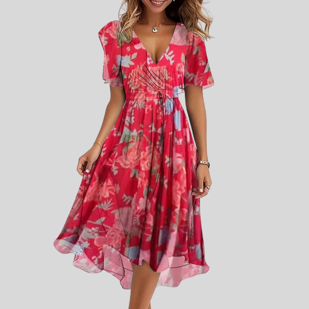 Robe d’été rouge à fleurs, décolleté V, manches courtes, taille froncée