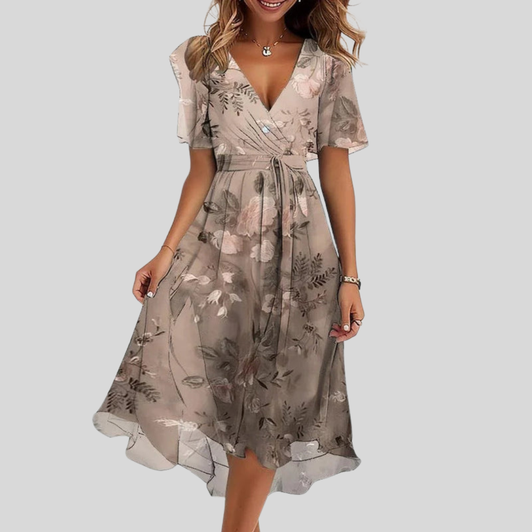 Robe d’été beige à fleurs, décolleté V, manches courtes, taille à cordon