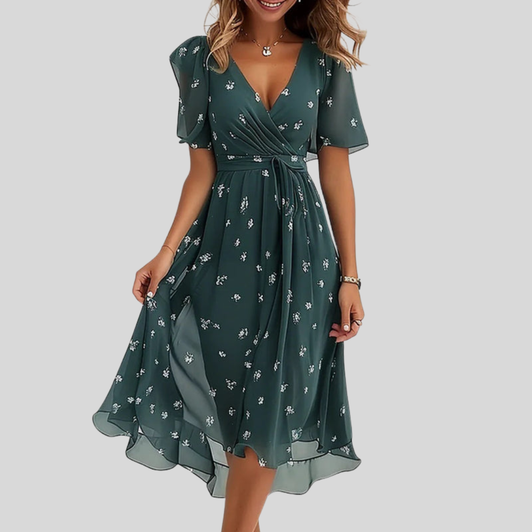 Robe d’été vert foncé à motifs floraux, décolleté V, ceinture à nouer