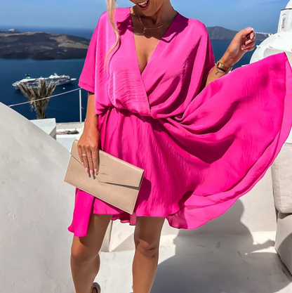 Robe élégante rose vif à col en V, manches amples et taille froncée