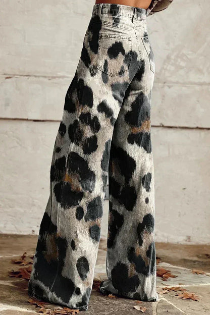 Pantalon de ville bohème Ghepardo à imprimé léopard noir et gris, jambe droite ample