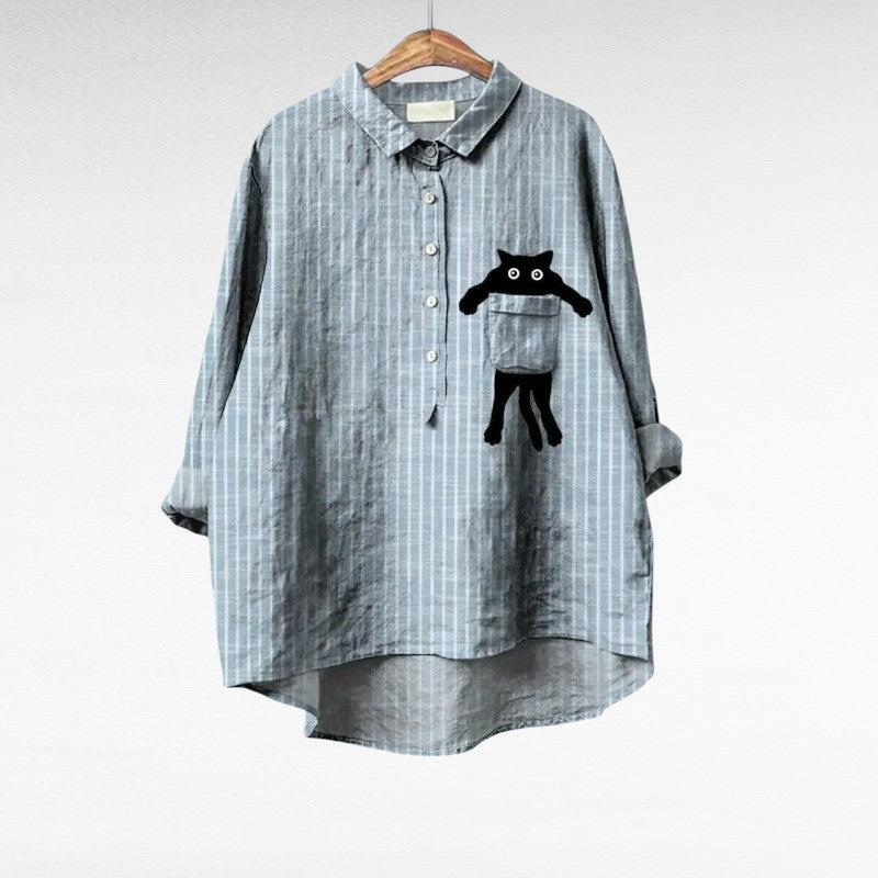 Chemise blouse rayée à manches longues, col chemise, poche avec applique chat noir