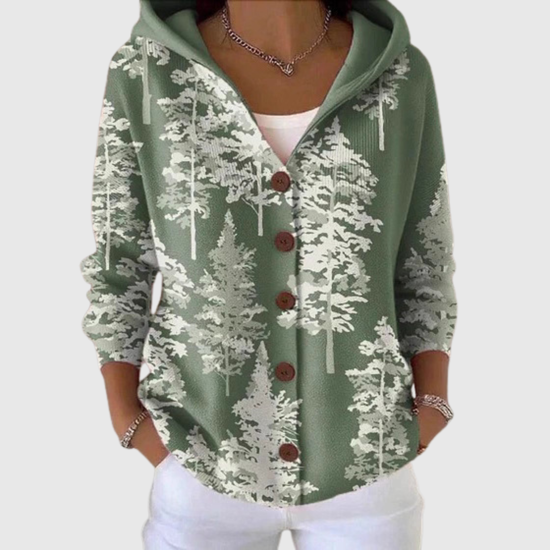 Cardigan à capuche en maille vert, motif arbres, boutonnage devant et poche kangourou.