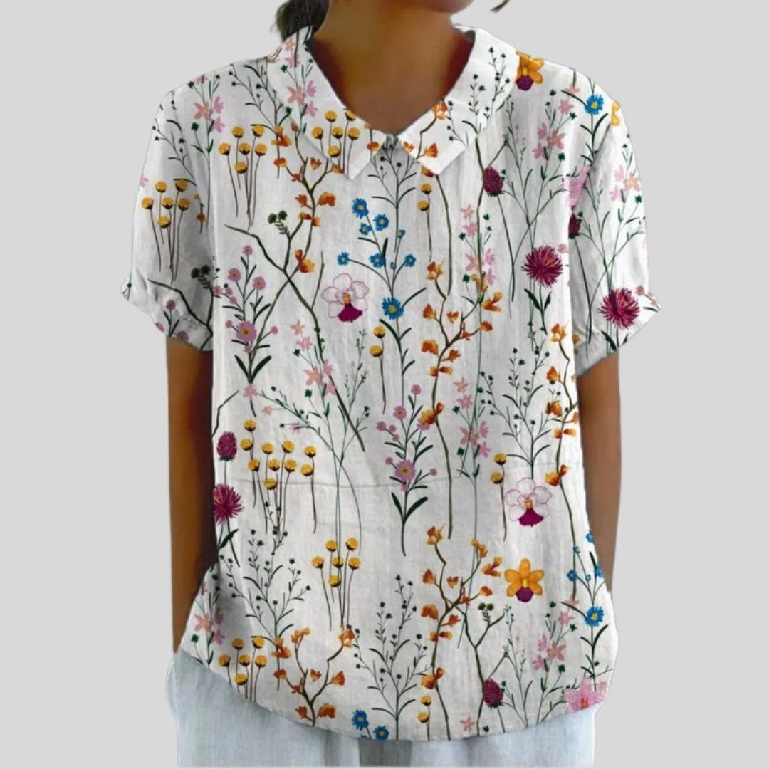 Blouse Éliane blanche à manches courtes, imprimé fleuri multicolore, col boutonné