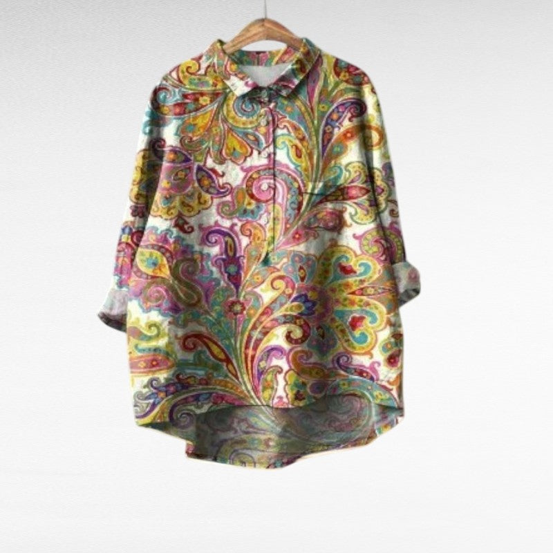 Chemisier cachemire multicolore, col chemise, manches longues, boutonné