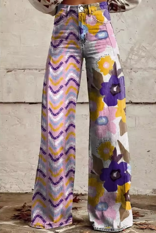 Pantalon ample bohème à fleurs, imprimé multicolore, jambes évasées