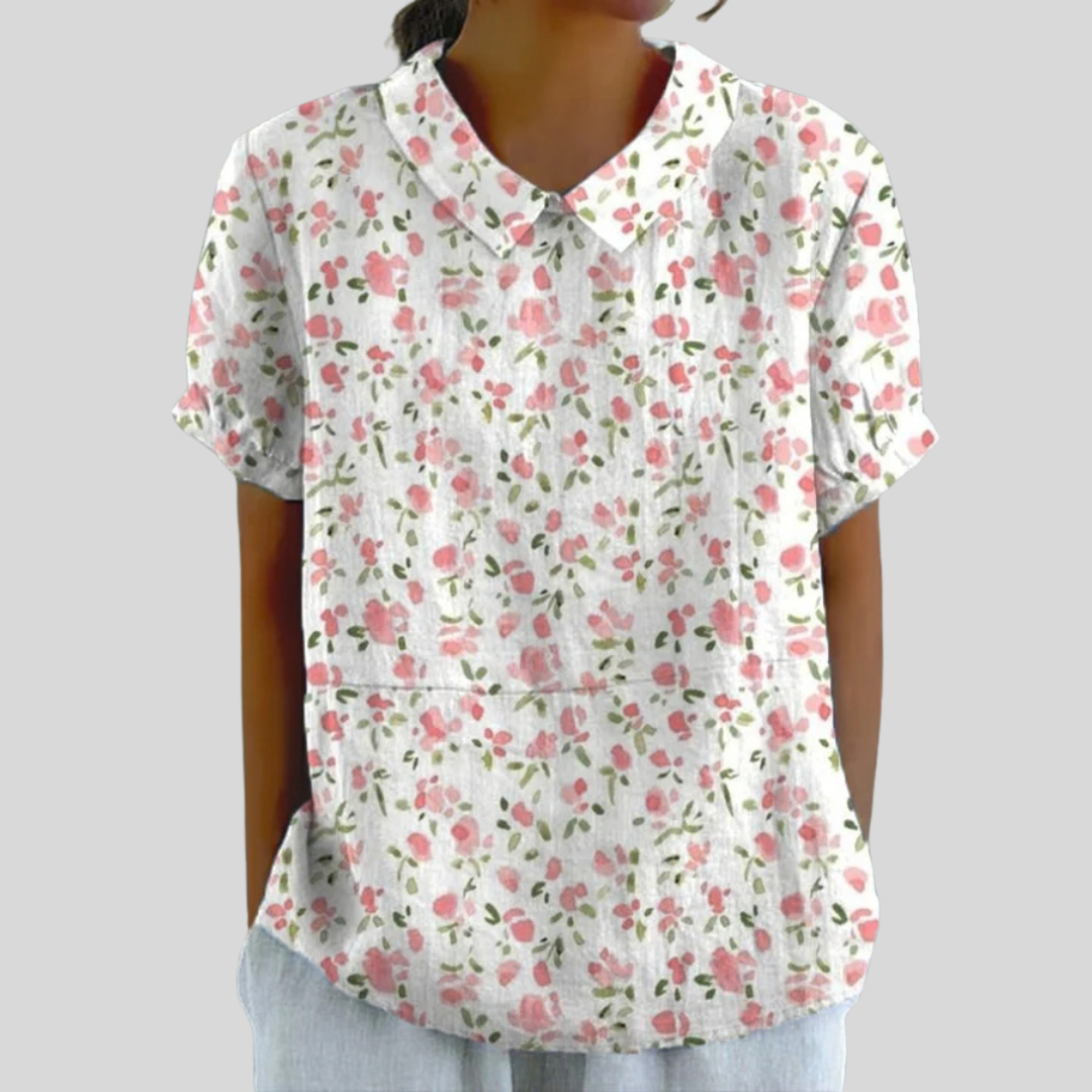 Blouse légère blanche à fleurs miniatures, col boutonné, manches courtes