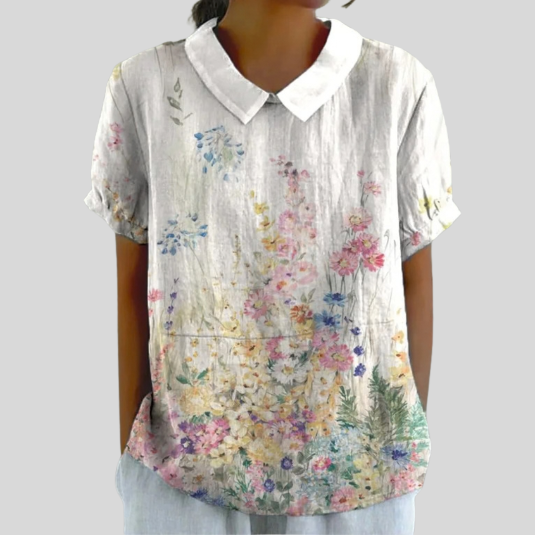 Blouse légère blanche à col et manches courtes, imprimé floral multicolore