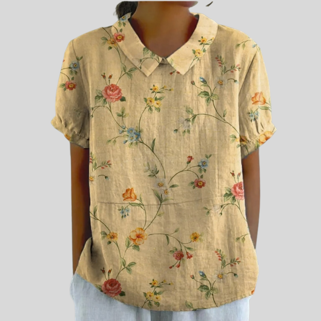 Blouse vintage beige à fleurs, col chemise et manches bouffantes