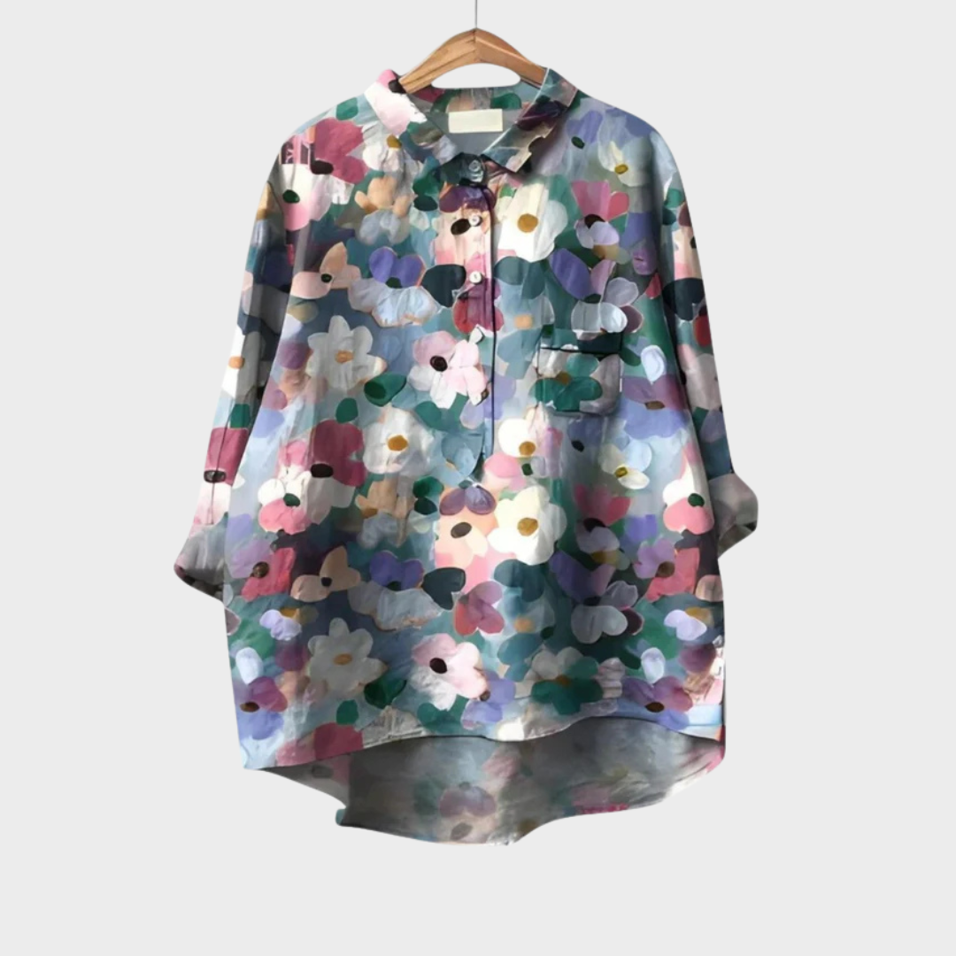 Blouse à fleurs Noéline à manches longues, col chemise, tons pastel multicolores