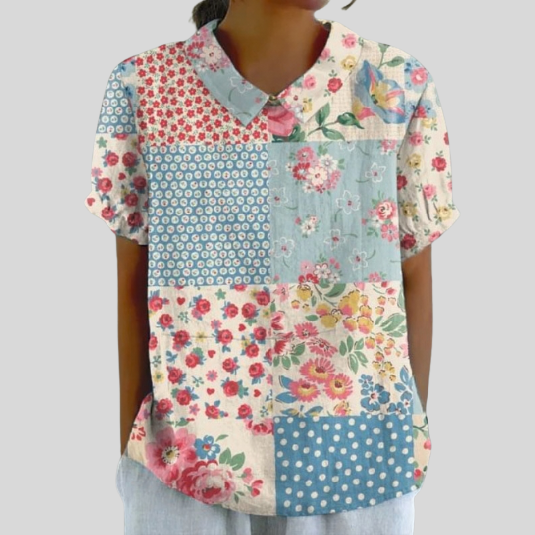 Blouse Noémie patchwork vintage, col en V, manches courtes, fleurs multicolores