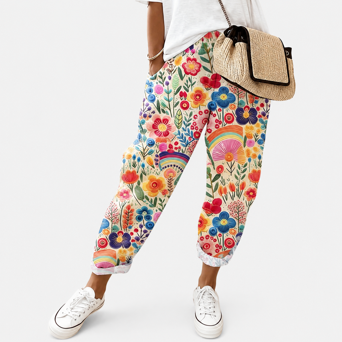 Pantalon ample imprimé fleurs multicolores, taille élastique, chevilles resserrées