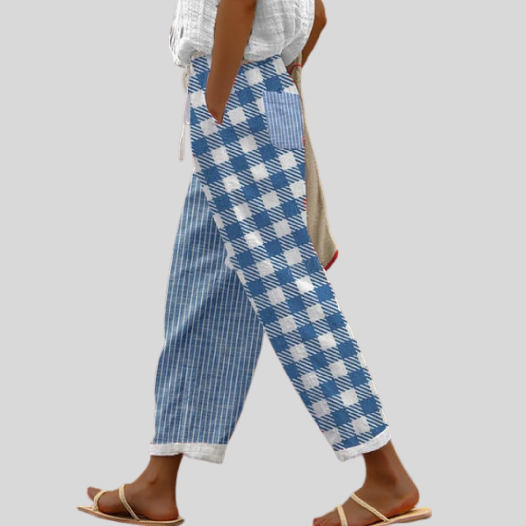 Pantalon ample en coton, motif carreaux bleu et blanc, taille élastique, jambes droites