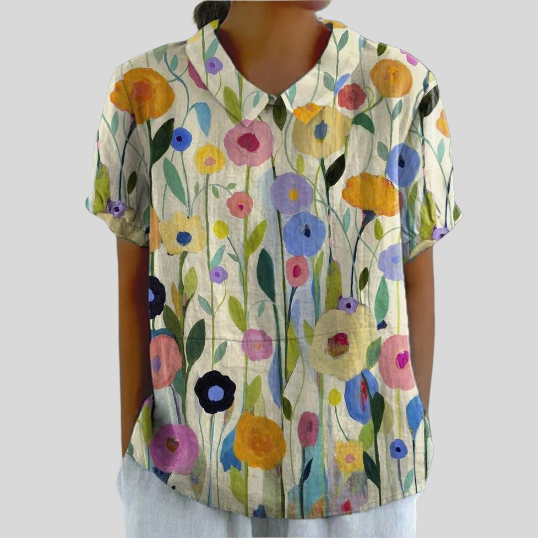 Blouse Solène manches courtes, col chemise, imprimé floral multicolore sur fond clair
