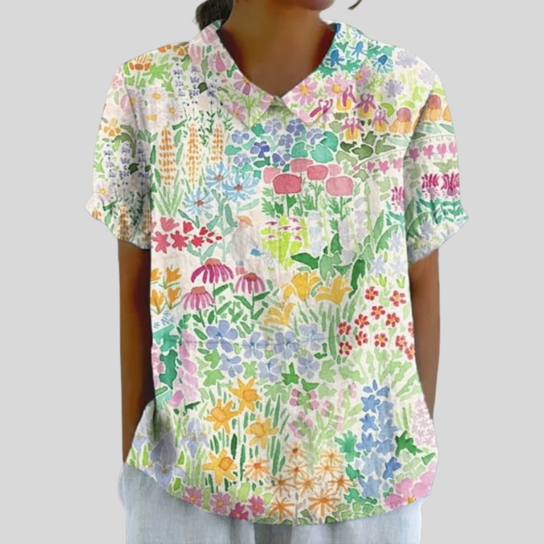 Blouse Solène à encolure en V, manches courtes, imprimé floral multicolore