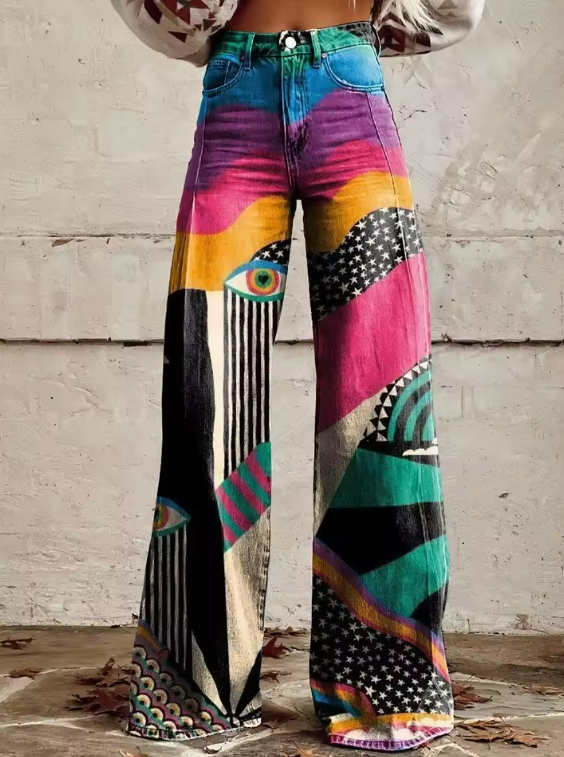 Pantalon évasé bohème multicolore en patchwork, taille haute, imprimé abstrait