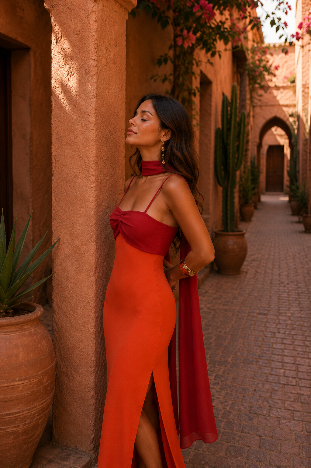 Robe longue orange, buste bordeaux noué, fente avant, voile drapé et boucles.