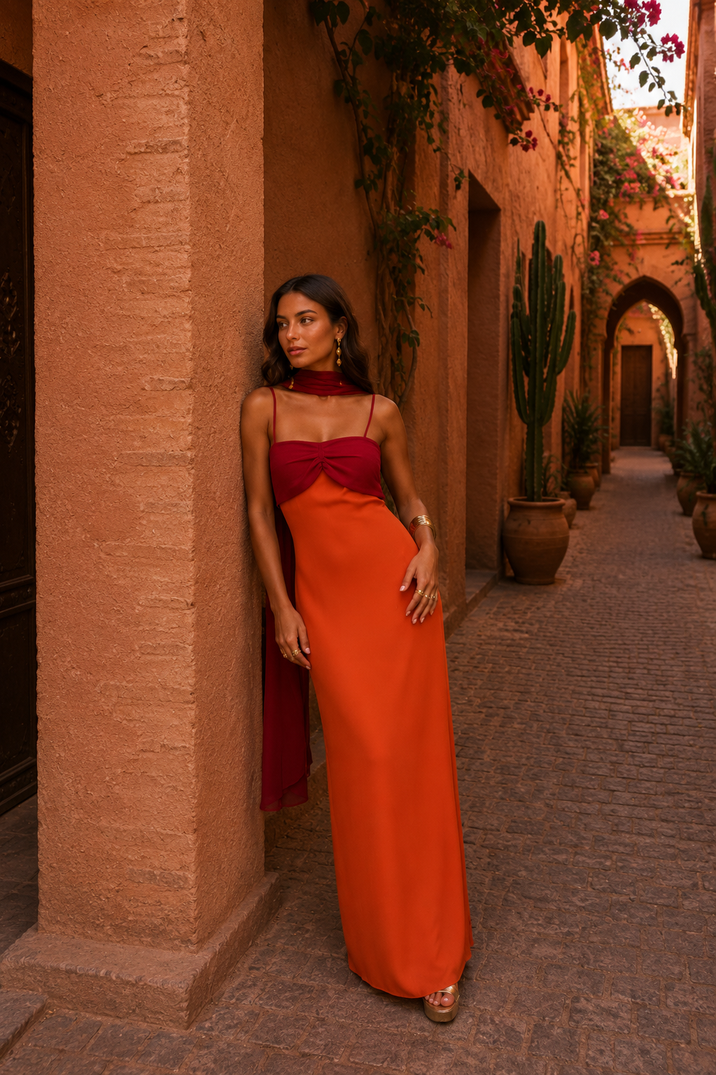 Robe longue orange à bretelles fines, nœud poitrine bordeaux et voile léger tombant.