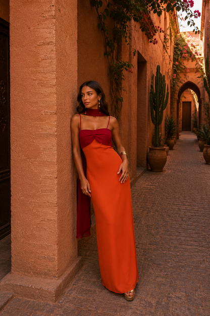 Robe longue orange à bretelles fines, nœud poitrine bordeaux et voile léger tombant.